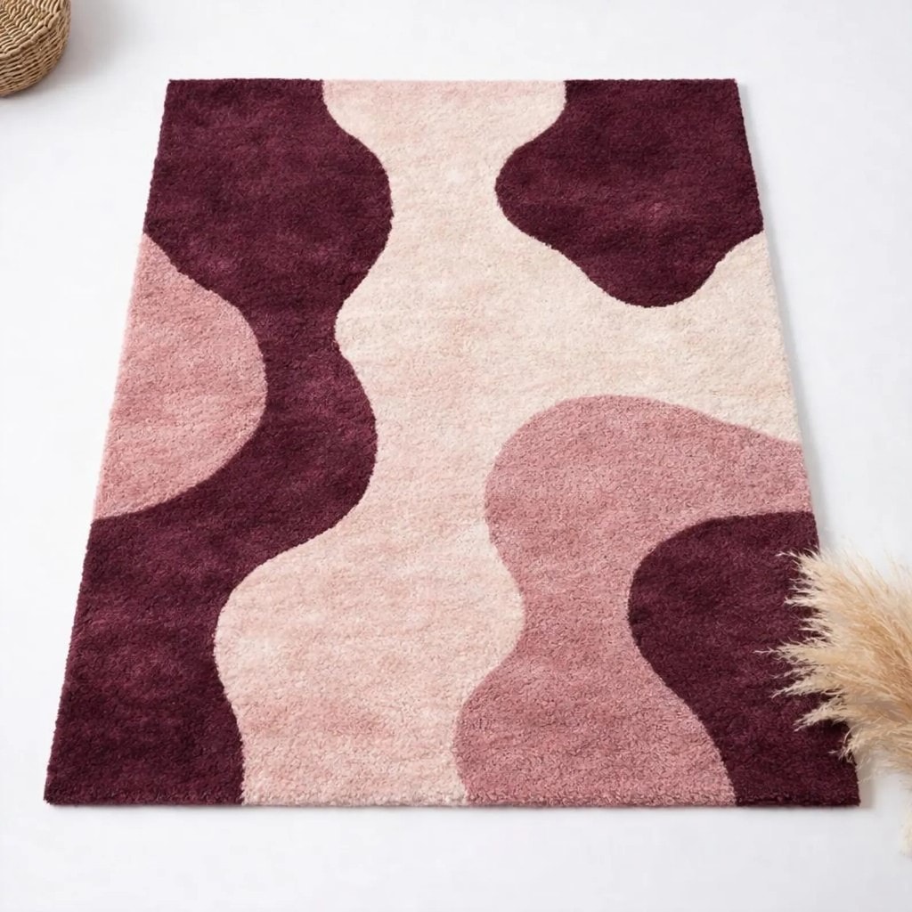 Abstract Wavy Plum and Blush Area Rug