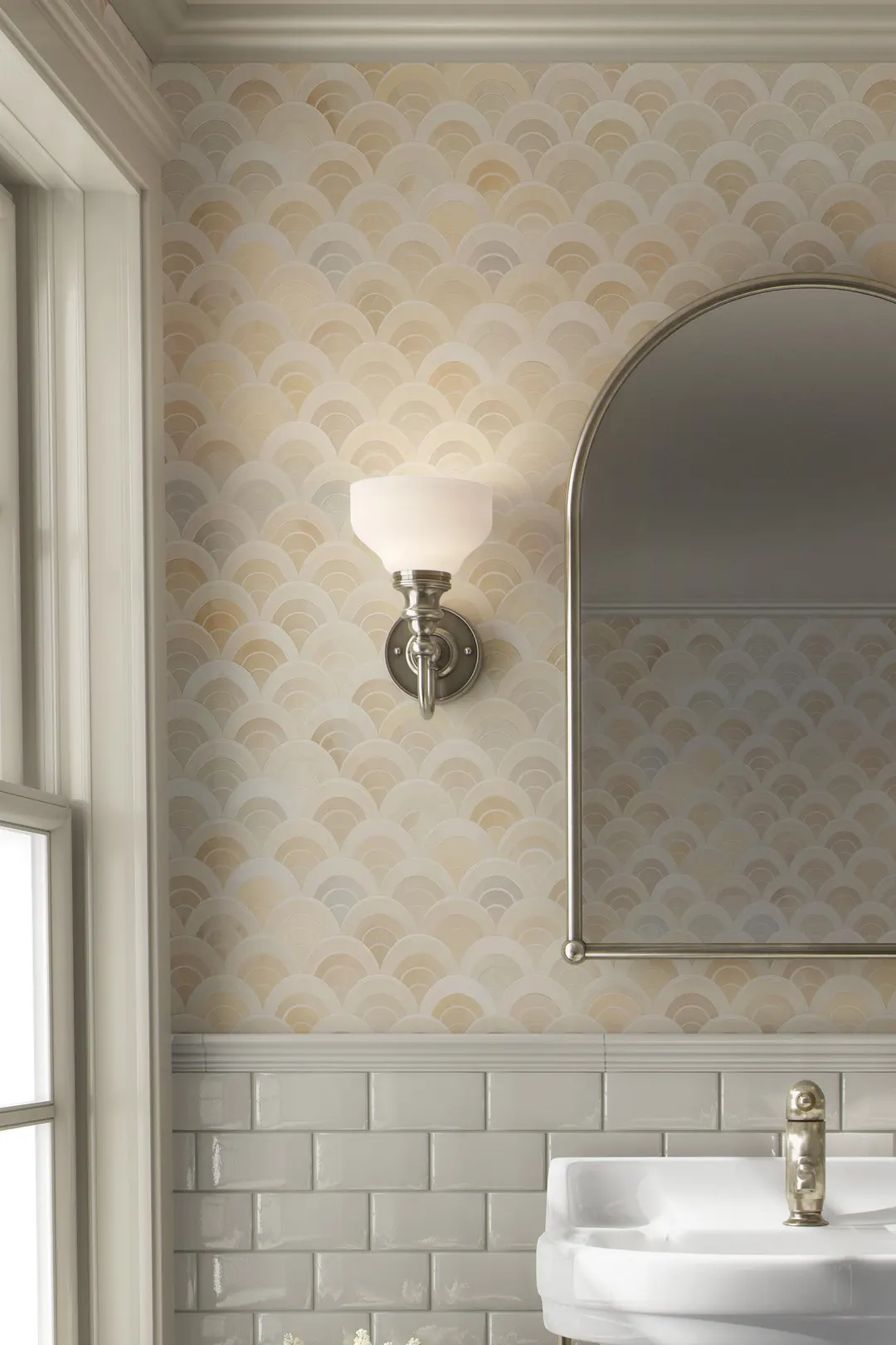 Art Deco Latte Wallpaper with Scallop Fan Pattern - Peel & Stick Removable Vinyl