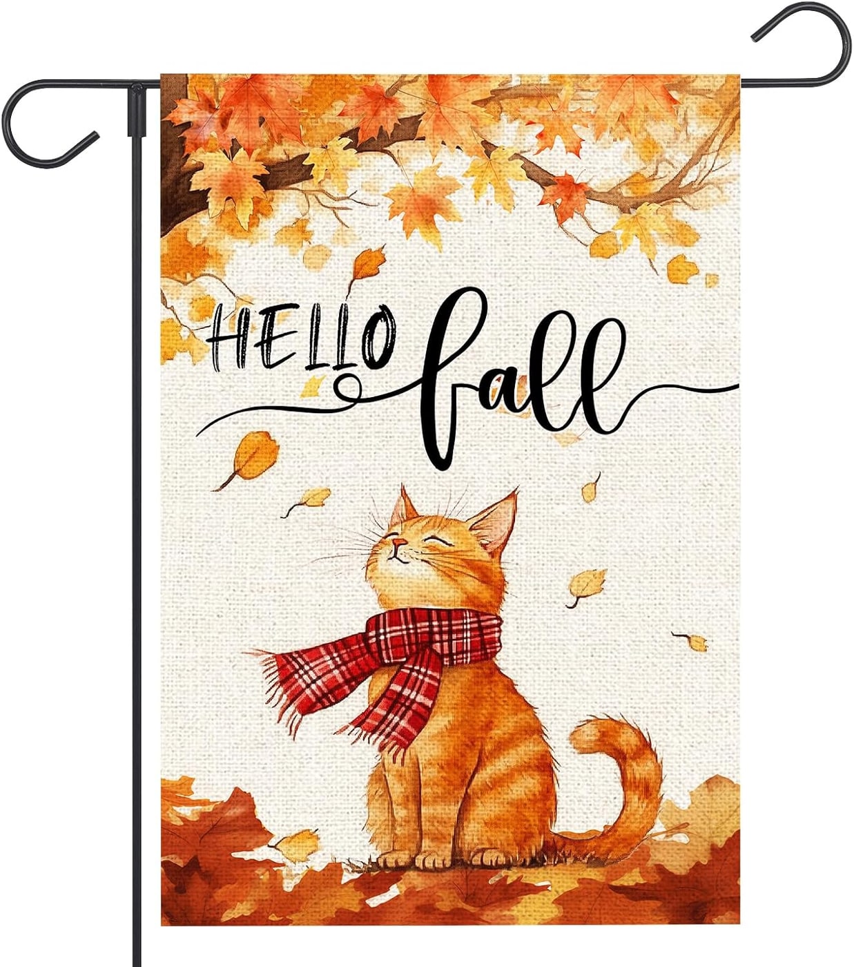 Hello Fall Cat Maple Leaves Garden Flag