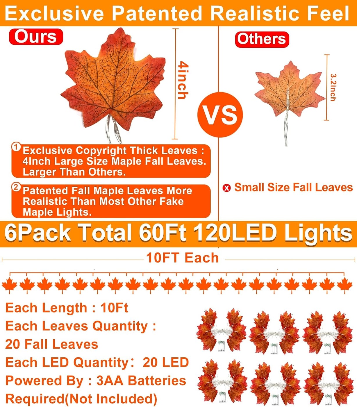 Enlarged Maple Leaf Garland with Warm LED Lights, 6-Pack - Photo 3
