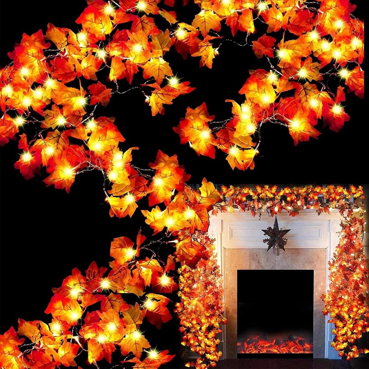 Enlarged Maple Leaf Garland with Warm LED Lights, 6-Pack