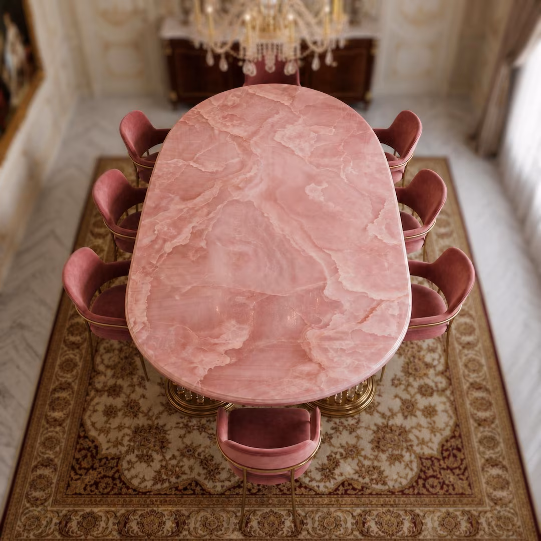 Oval Pink Onyx Stone Dining Tabletop