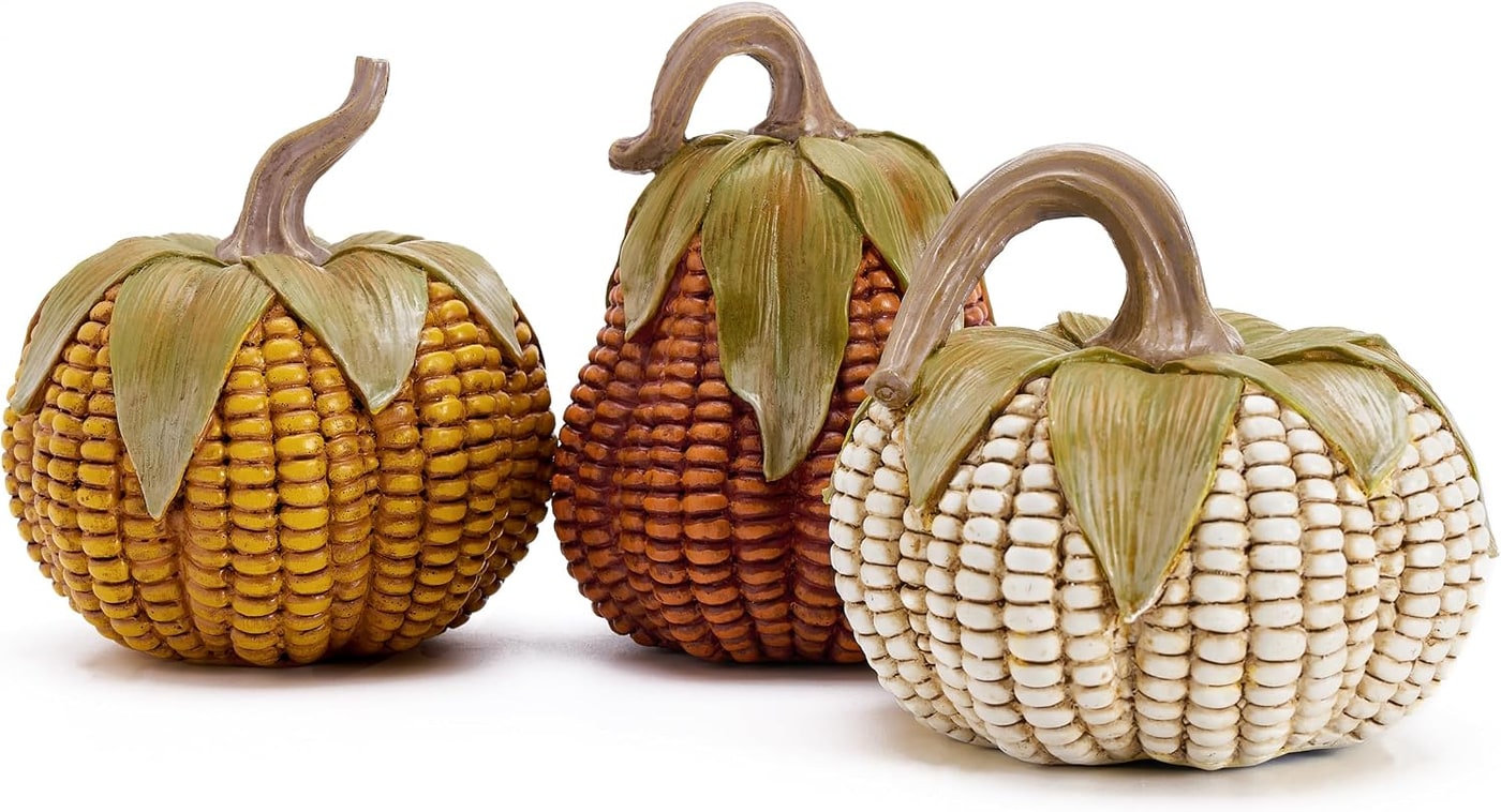 Hand-Painted Resin Corn Pumpkin Set of 3