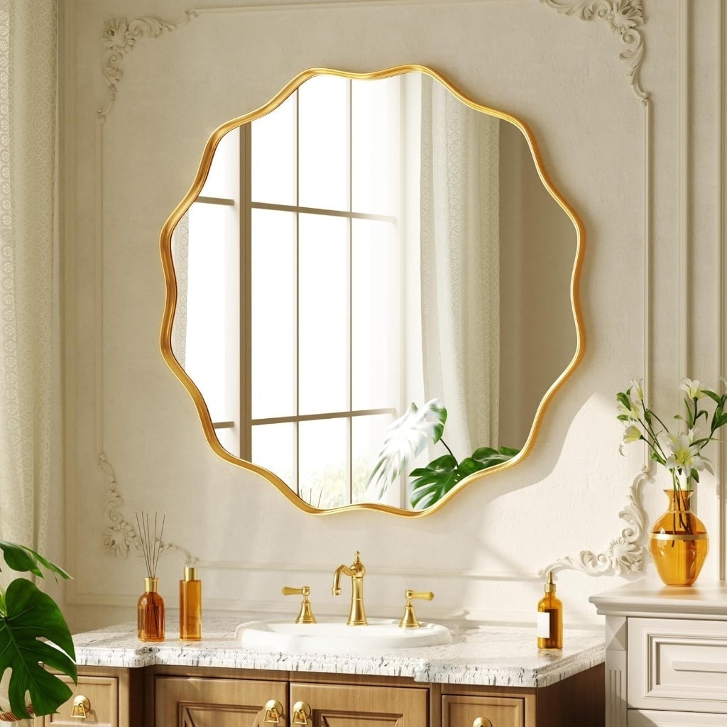 Scalloped Wavy Round Wall Mirror - 24" Gold