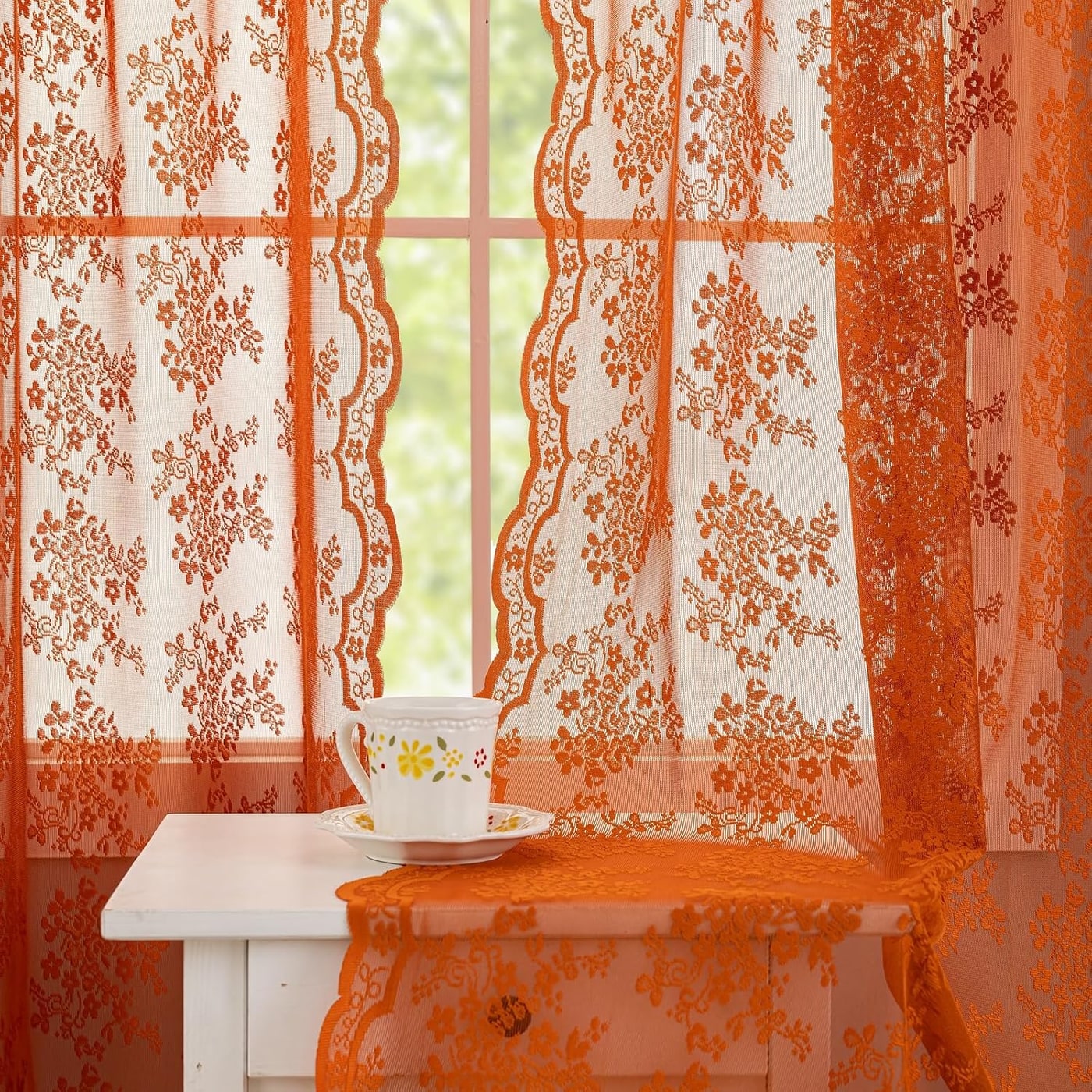 Vintage Lace Sheer Curtain Panels - Burnt Orange