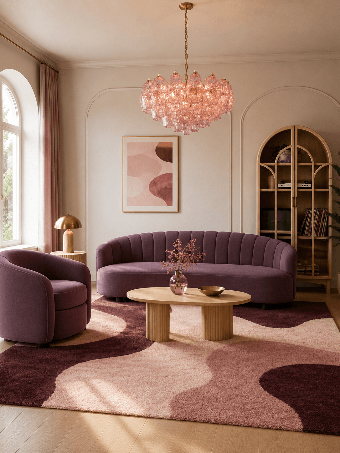 A Chic and Cozy Modern Living Room in Plum and Blush
