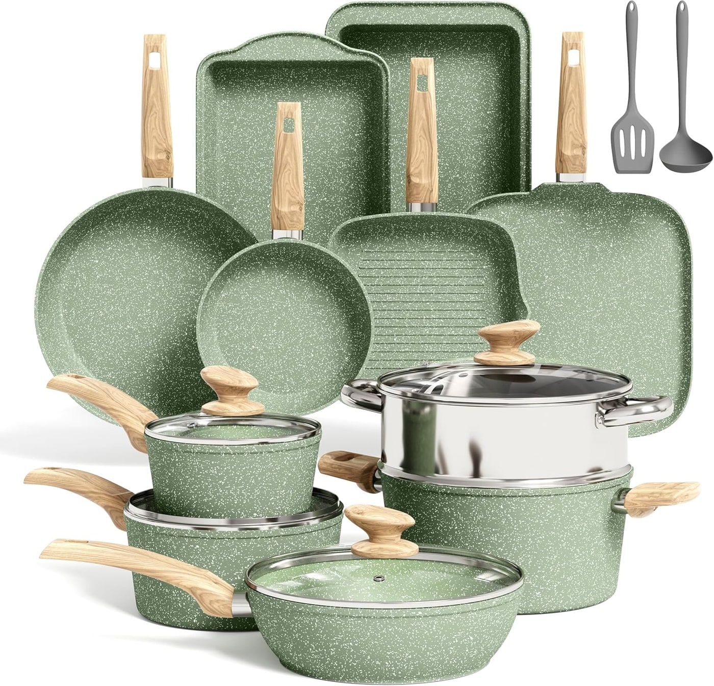 17-Piece Induction Granite Cookware Set - Sage Green