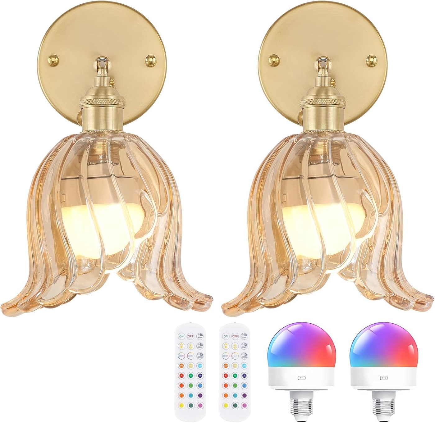 Adjustable Brass Wall Sconce with Striped Glass Shade - Lily Amber