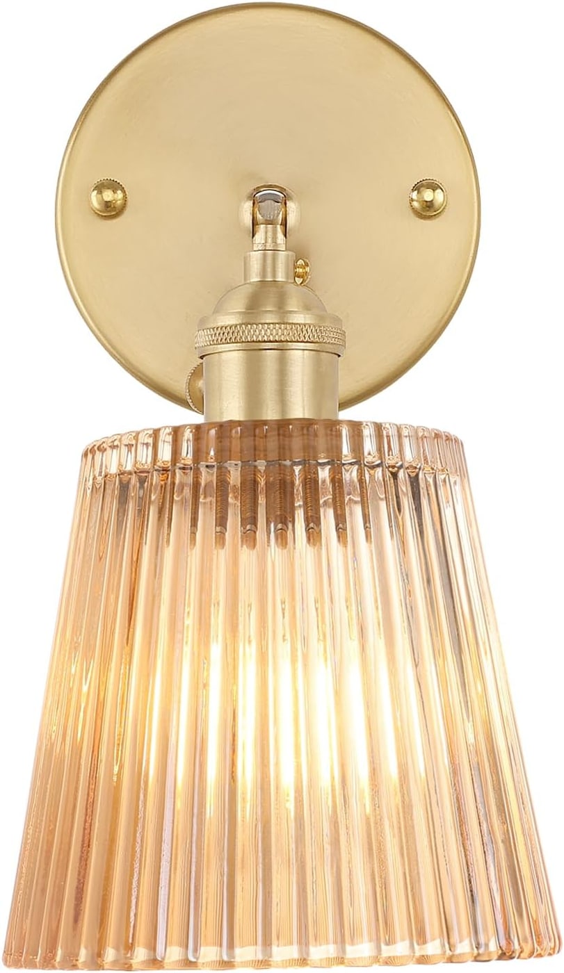 Adjustable Brass Wall Sconce with Striped Glass Shade - Stripe Amber