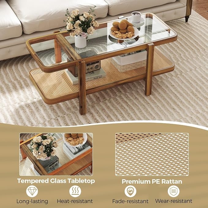 Two-Tier Rattan and Glass Coffee Table - Photo 4