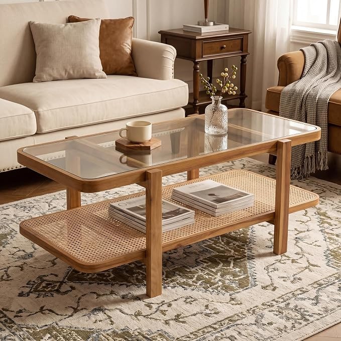 Two-Tier Rattan and Glass Coffee Table - Oak