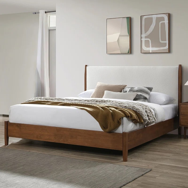 Bouclé Upholstered King Bed with Round Tapered Legs - Walnut & Beige