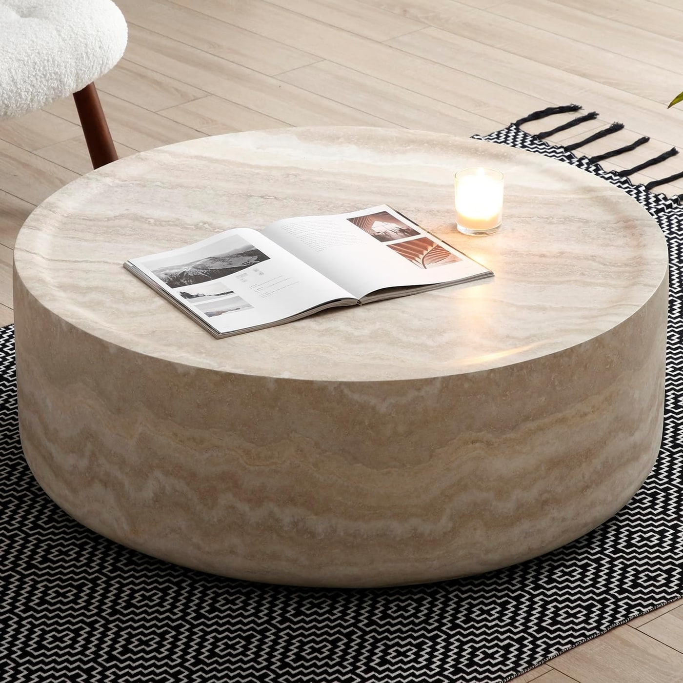 Round Carrara White Faux Marble Coffee Table
