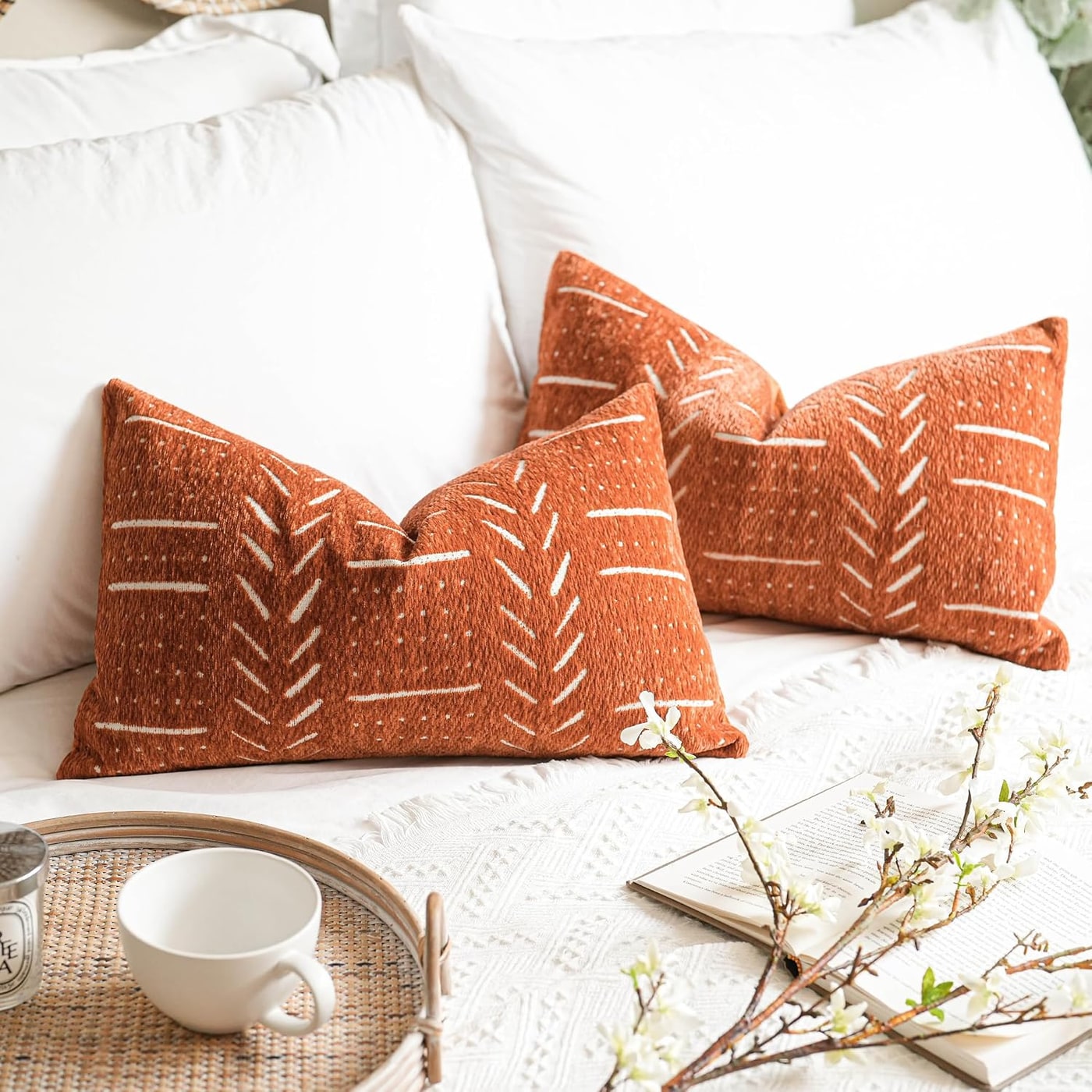 Woven Chenille Lumbar Pillow Cover Set, 12×20 - Brick Red