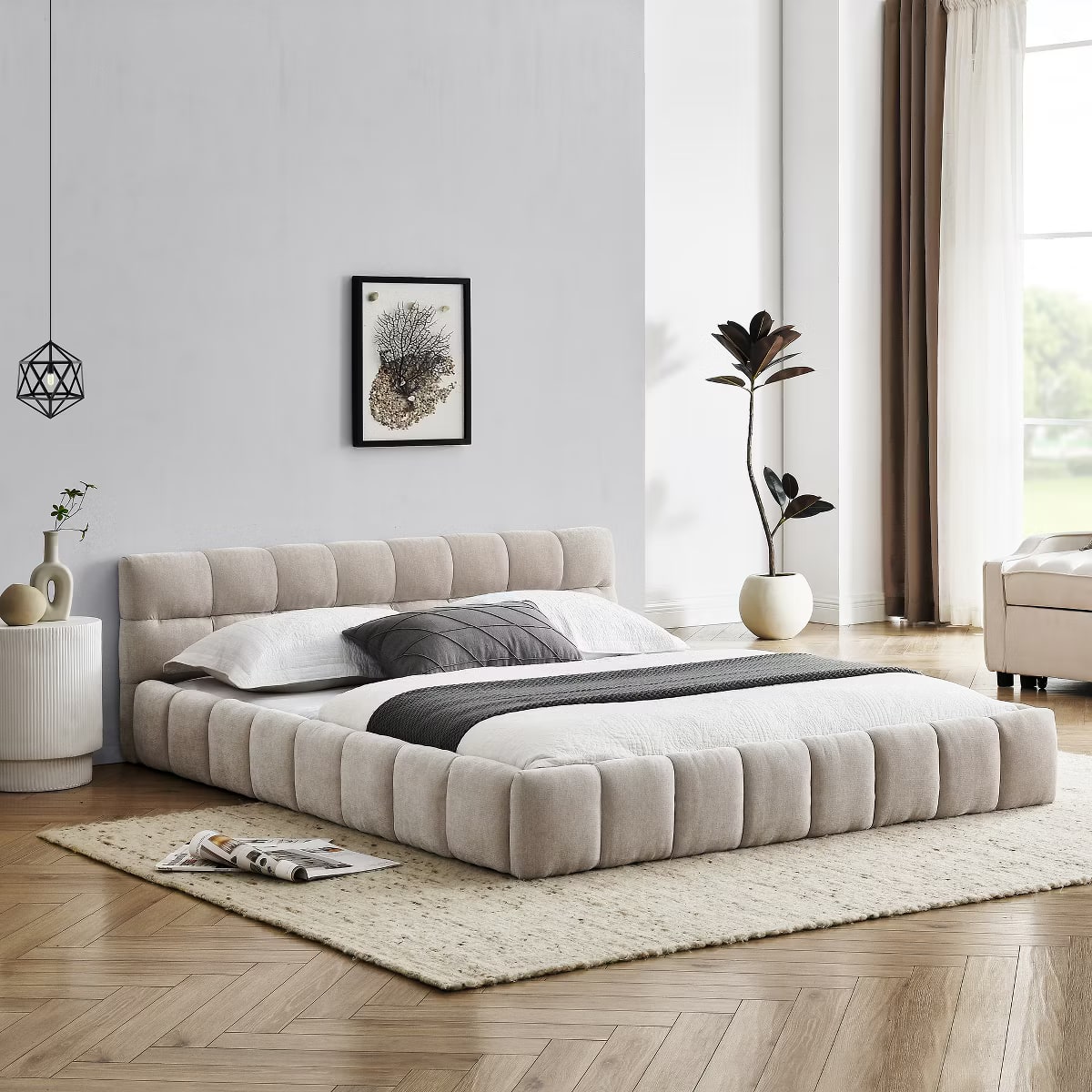 Modern Chenille Platform Bed with Upholstered Headboard - Photo 2
