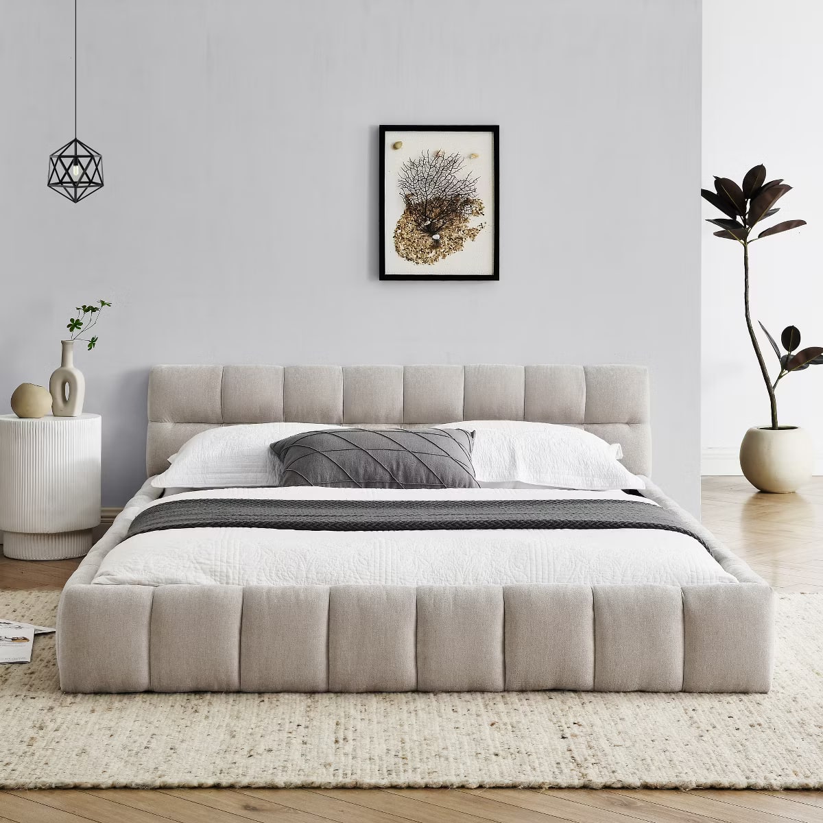 Modern Chenille Platform Bed with Upholstered Headboard - Photo 4