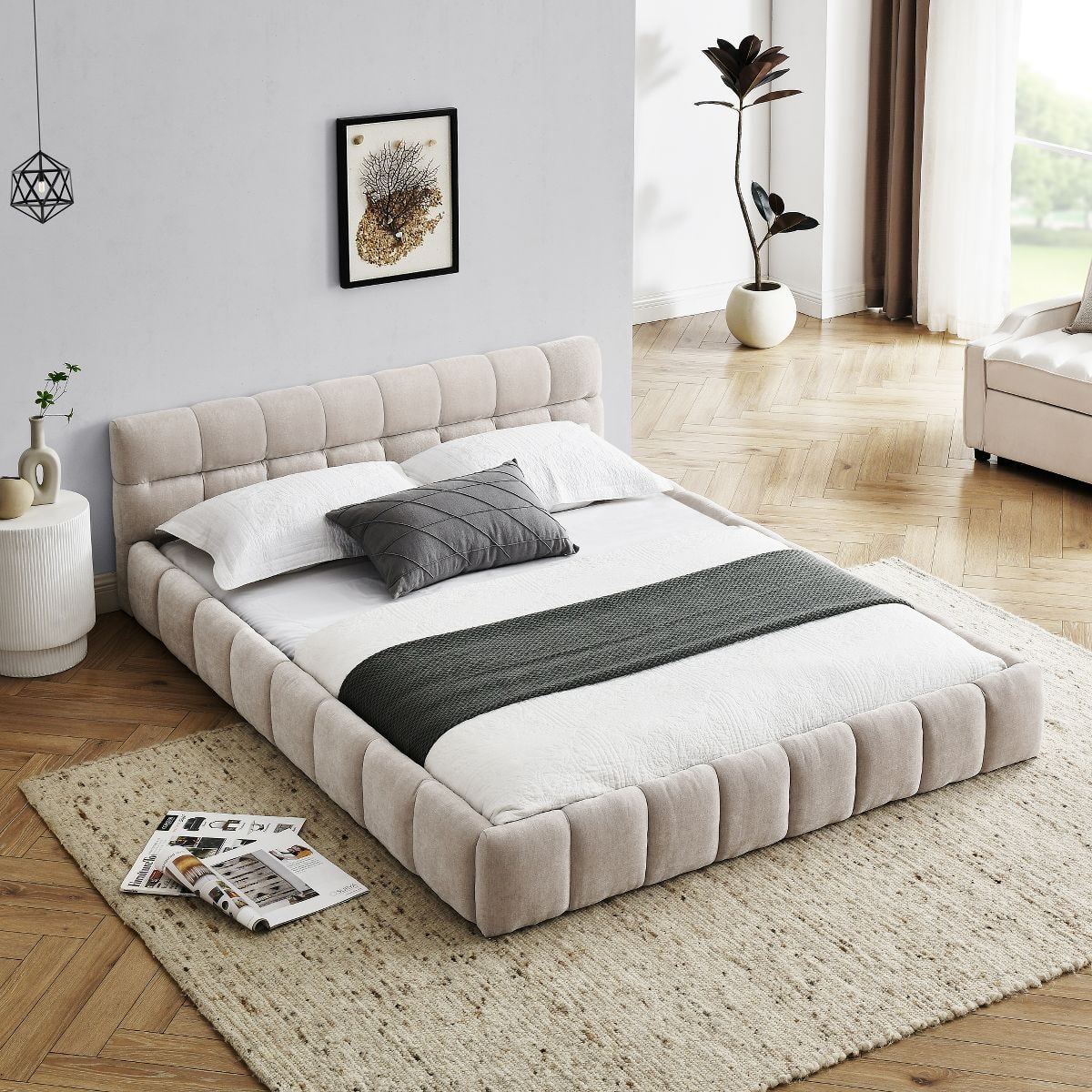 Modern Chenille Platform Bed with Upholstered Headboard