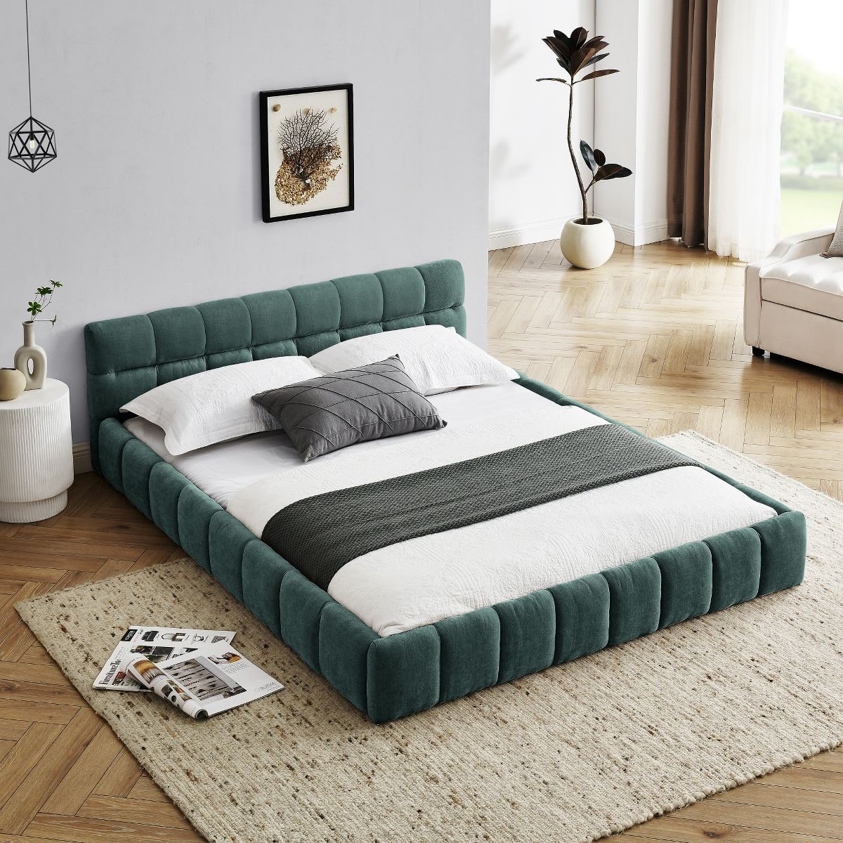 Modern Chenille Platform Bed with Upholstered Headboard - Blue-Green