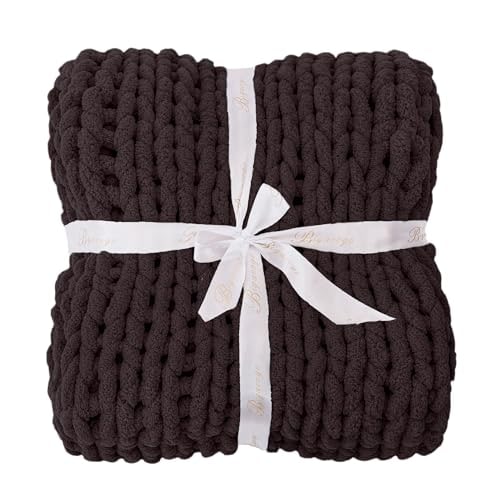 Chunky Chenille Cable Knit Throw Blanket - Chocolate With Purple Tone