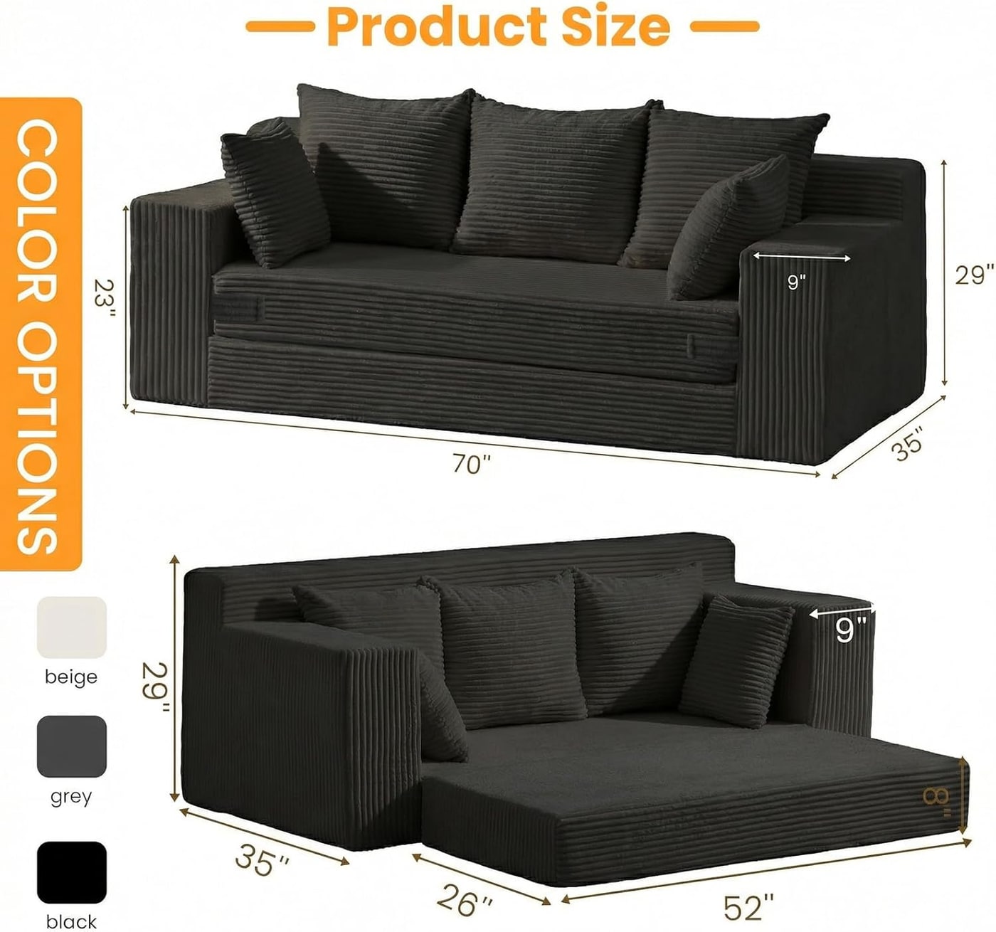 70" Convertible Boneless Sofa Bed with 5 Pillows - Photo 2
