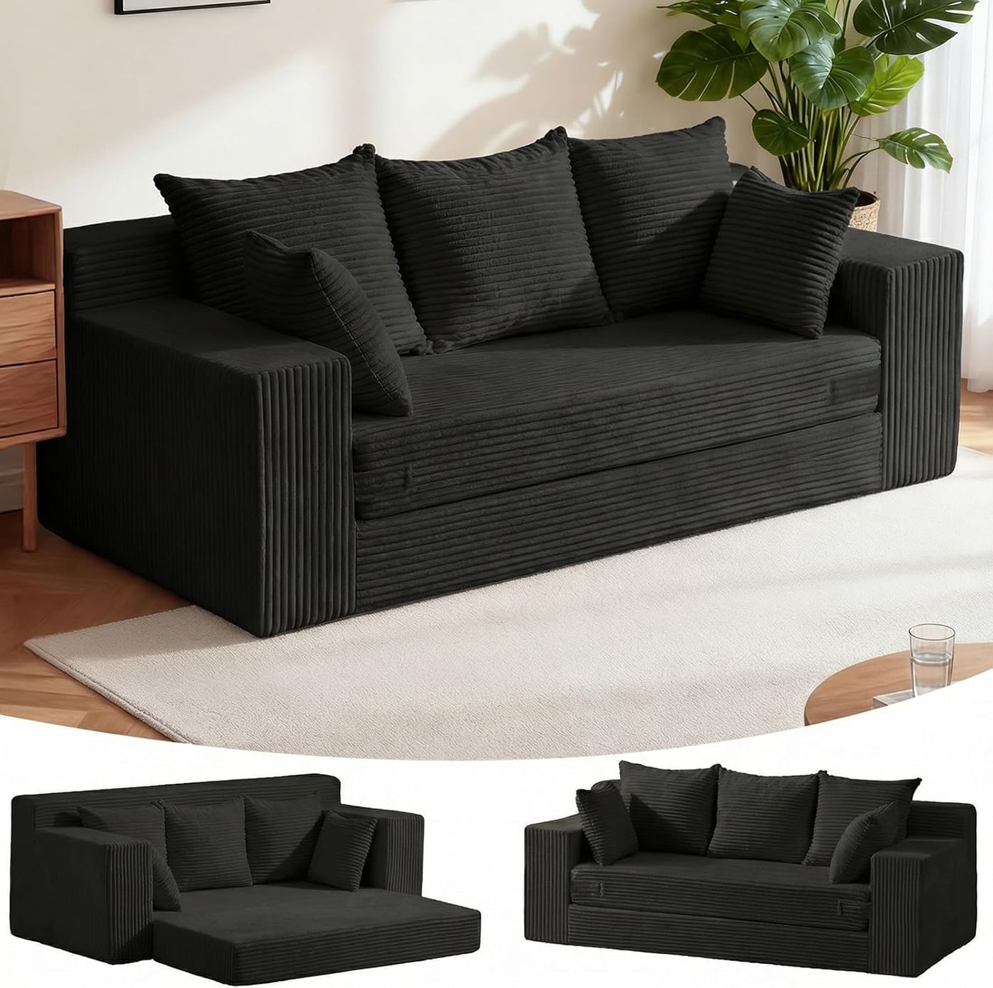 70" Convertible Boneless Sofa Bed with 5 Pillows - Black Corduroy