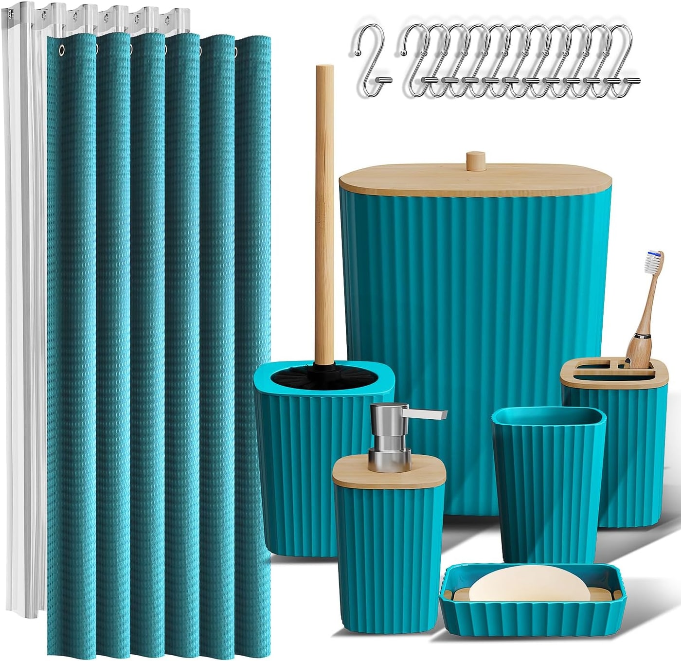 20-Piece Coordinated Bathroom Set with Bamboo Accents - Teal