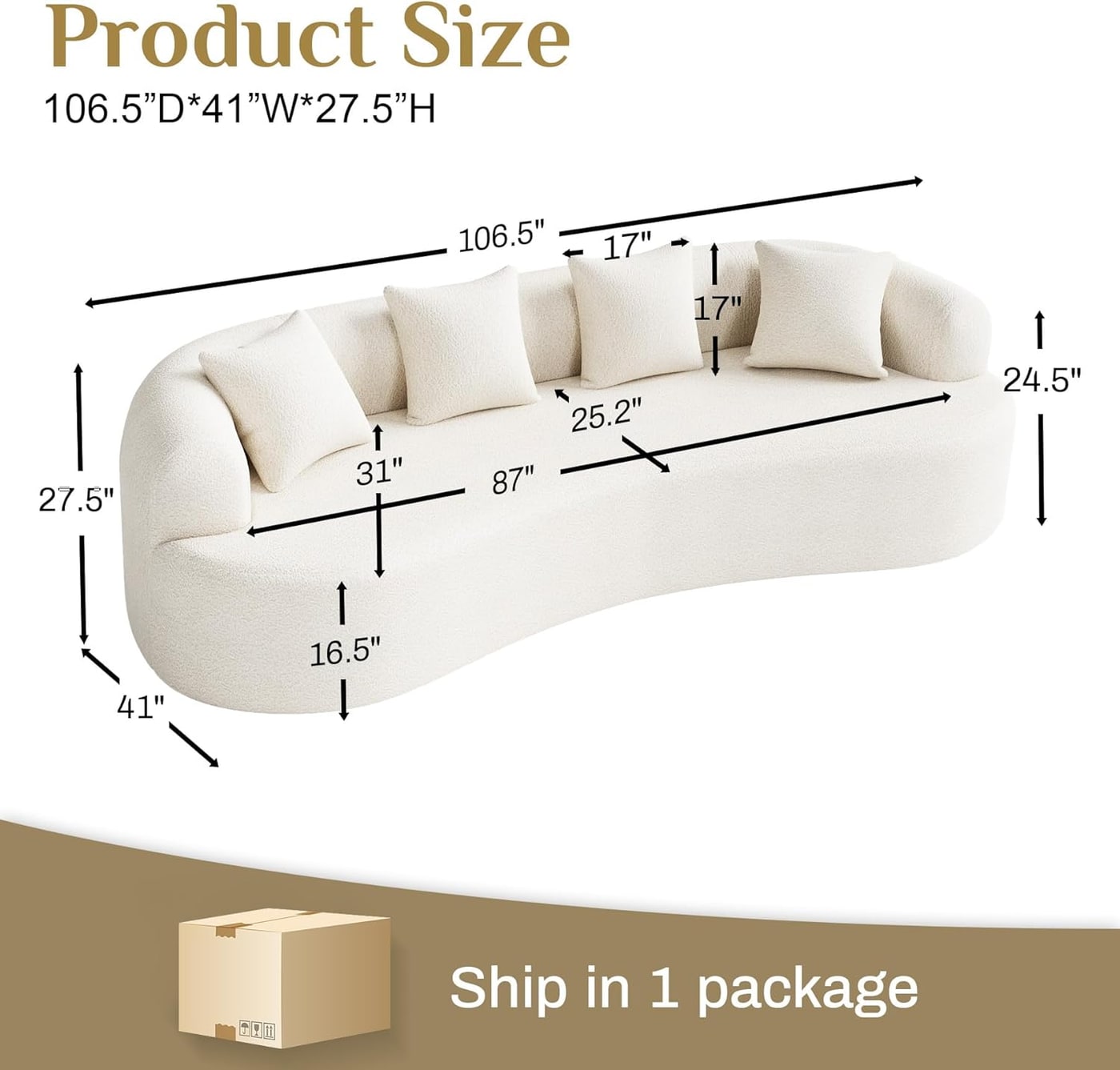 Curved Chenille Cloud Sectional Sofa, Cream White - Photo 2
