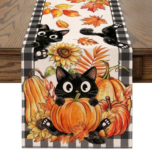 Farmhouse Fall Table Runner 13x72 - Black Cat