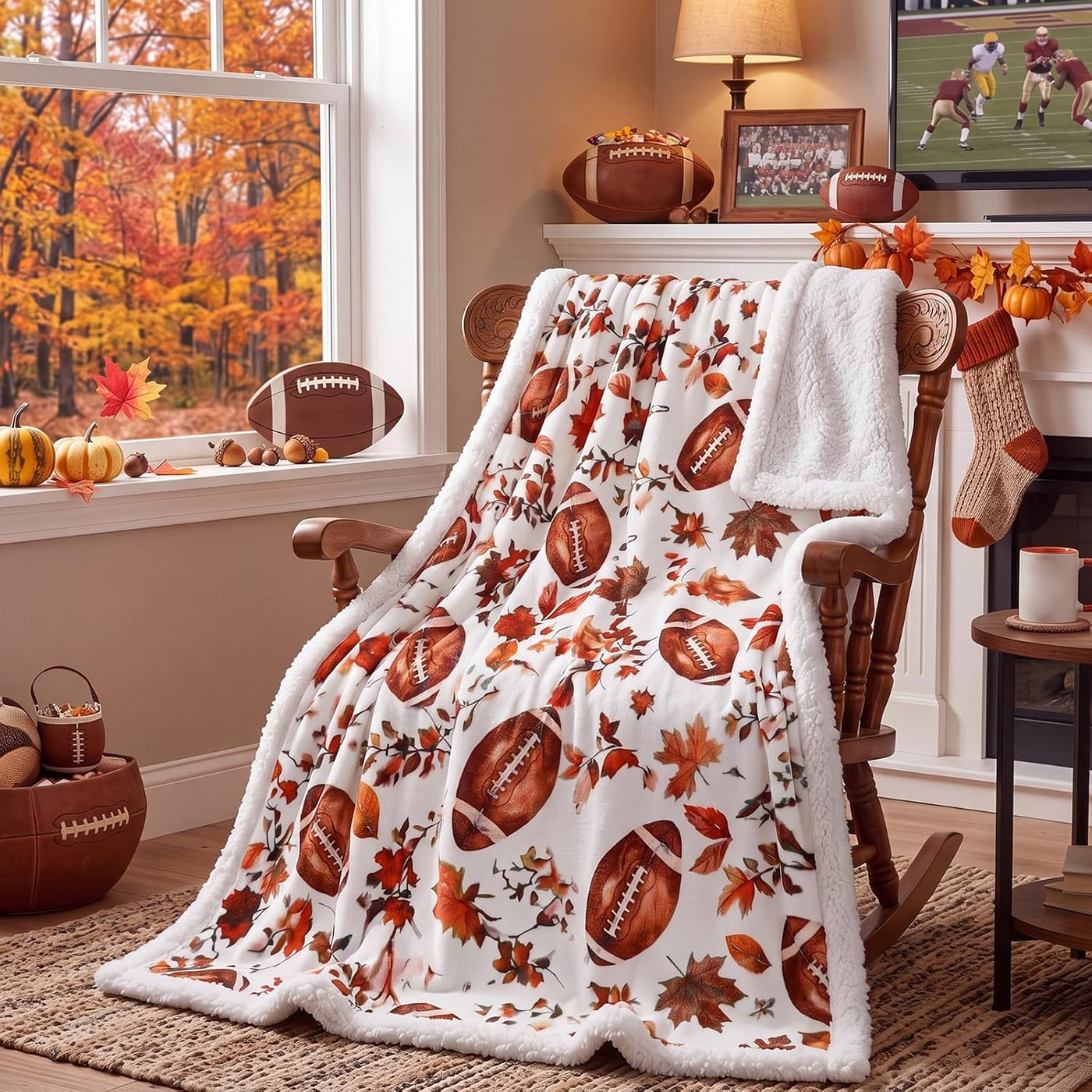 Autumn Flannel & Sherpa Throw Blanket - Football, Maple Leaves