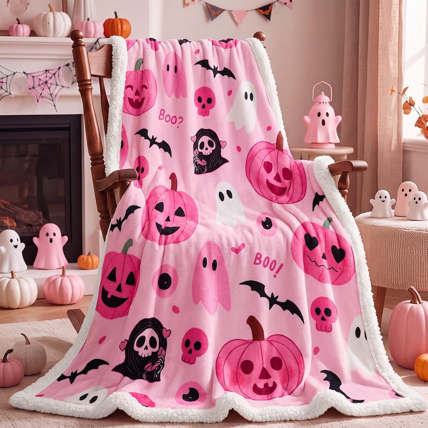 Autumn Flannel & Sherpa Throw Blanket - Pumpkin, Ghost