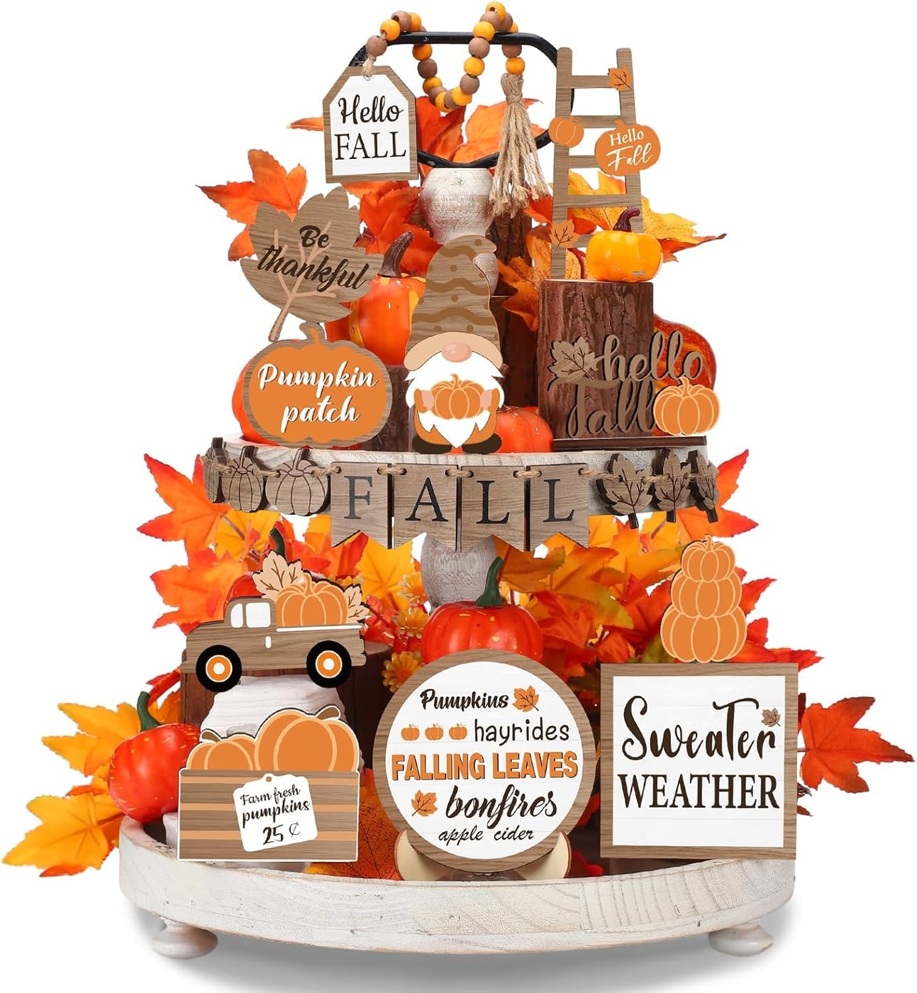 21-Piece Hello Fall Tiered Tray Decor Set - Rustic