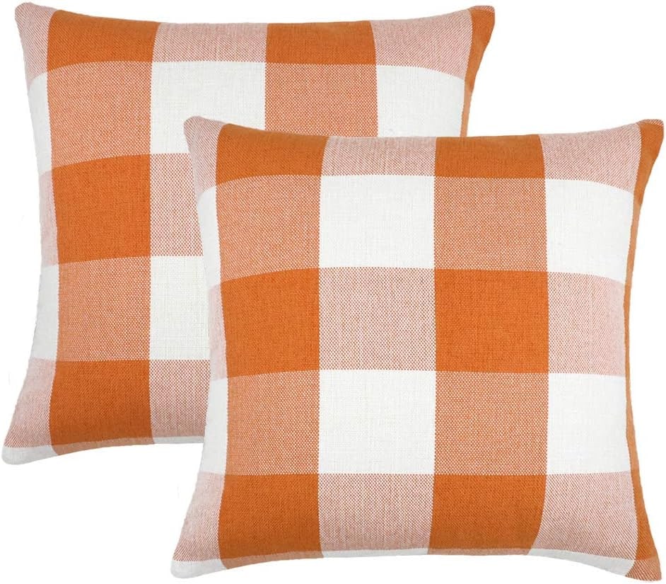 Buffalo Check Plaid Farmhouse Pillow Covers, 22" (Set of 2) - Orange & White