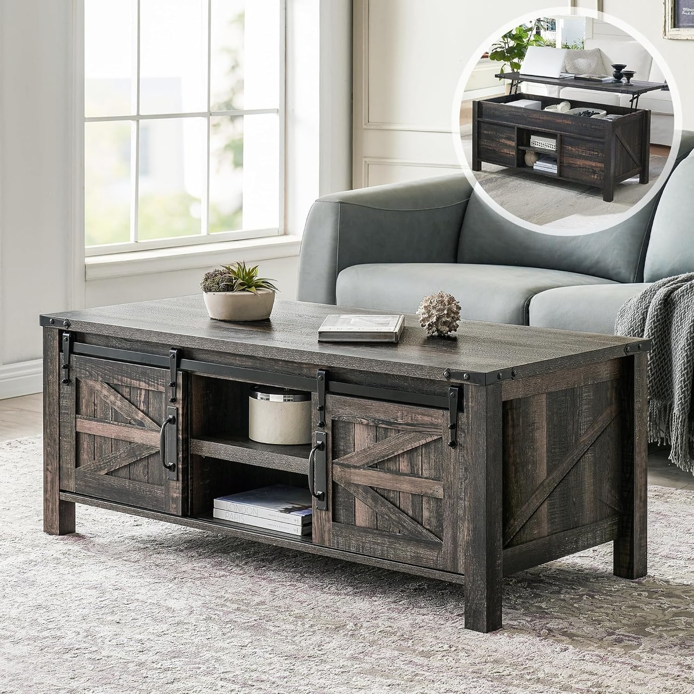48" Farmhouse Lift-Top Coffee Table with Barn Door Storage - Dark Rustic Oak