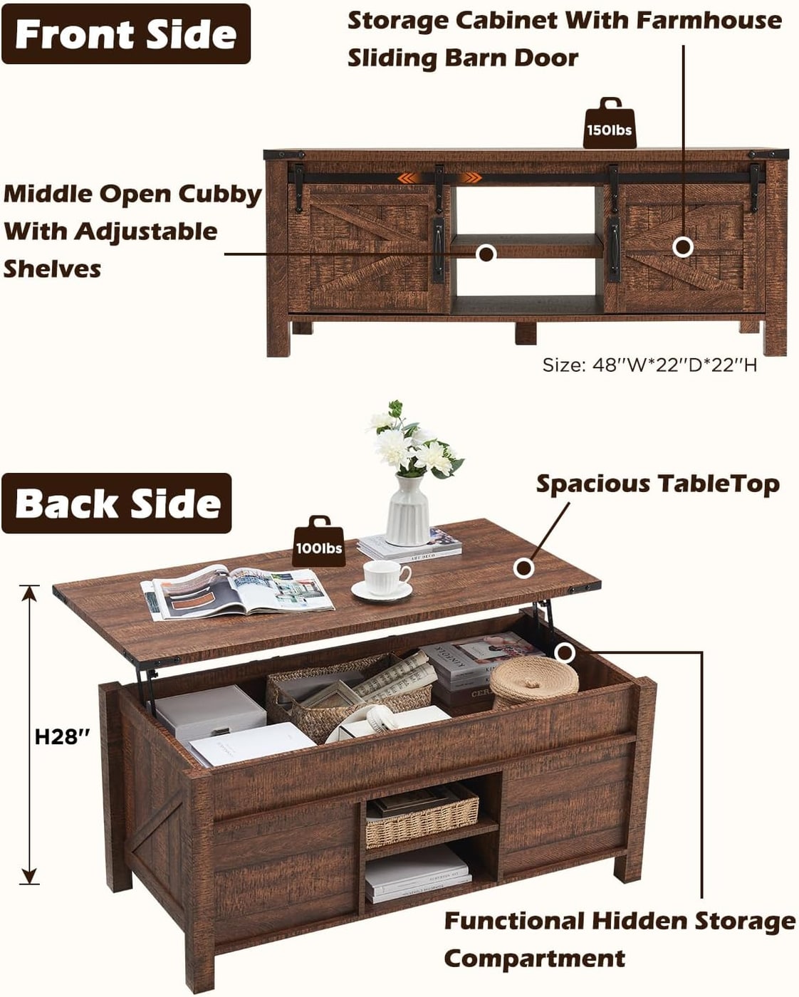 48" Farmhouse Lift-Top Coffee Table with Barn Door Storage - Photo 3