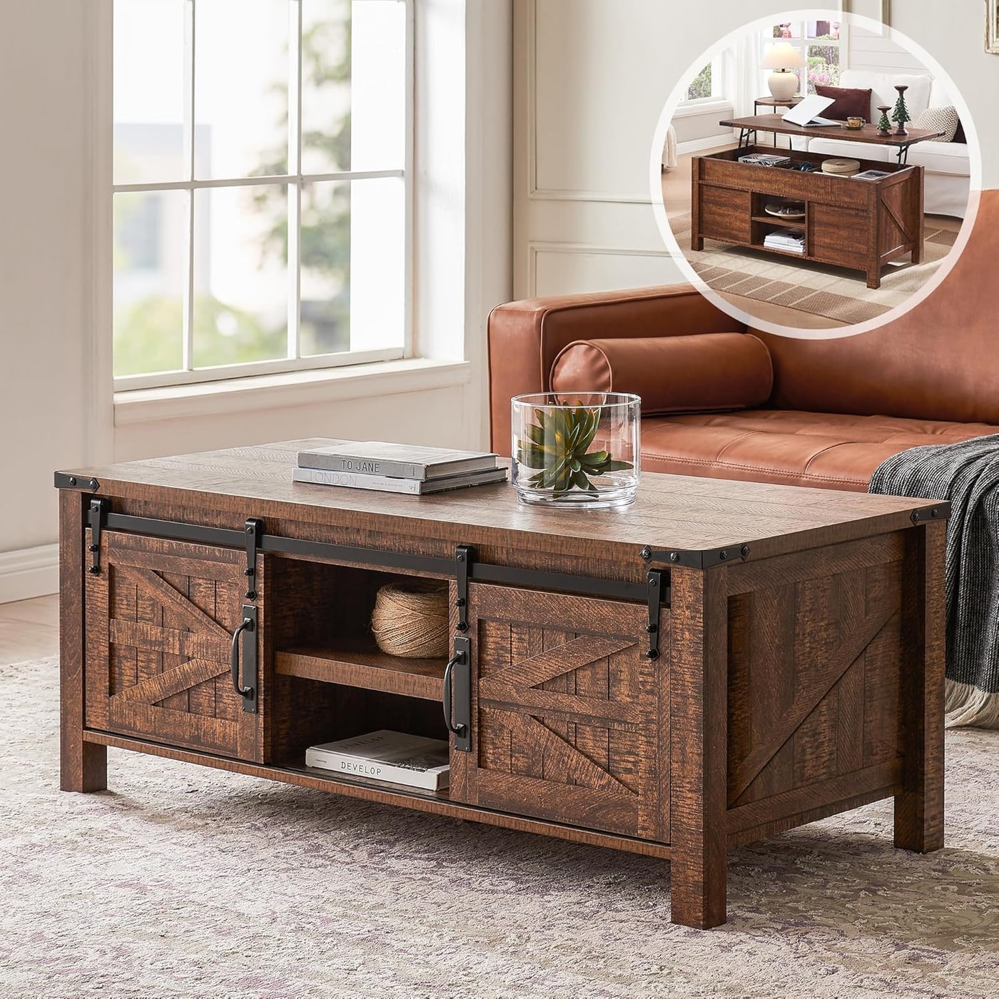 48" Farmhouse Lift-Top Coffee Table with Barn Door Storage - Reclaimed Barnwood
