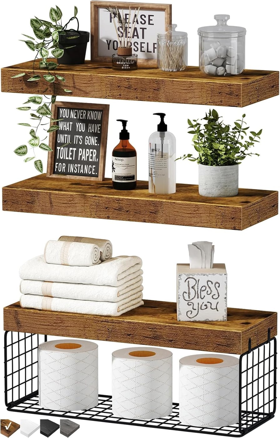 Farmhouse Over-Toilet Floating Shelf Set of 3 - Rustic Brown