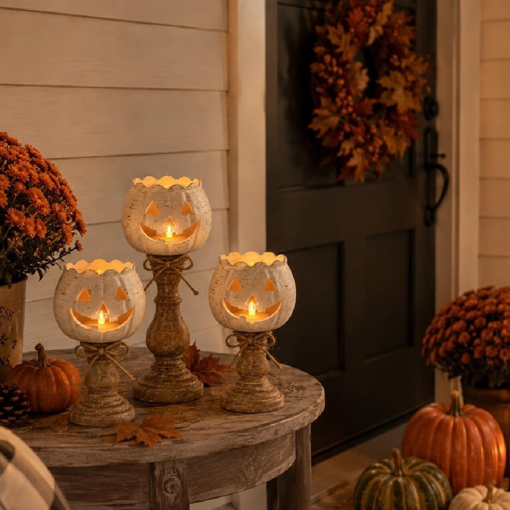 Distressed White Pumpkin Tealight Holder Set - Photo 3