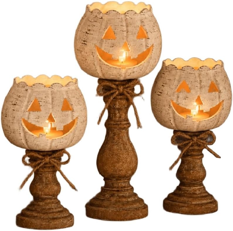 Distressed White Pumpkin Tealight Holder Set