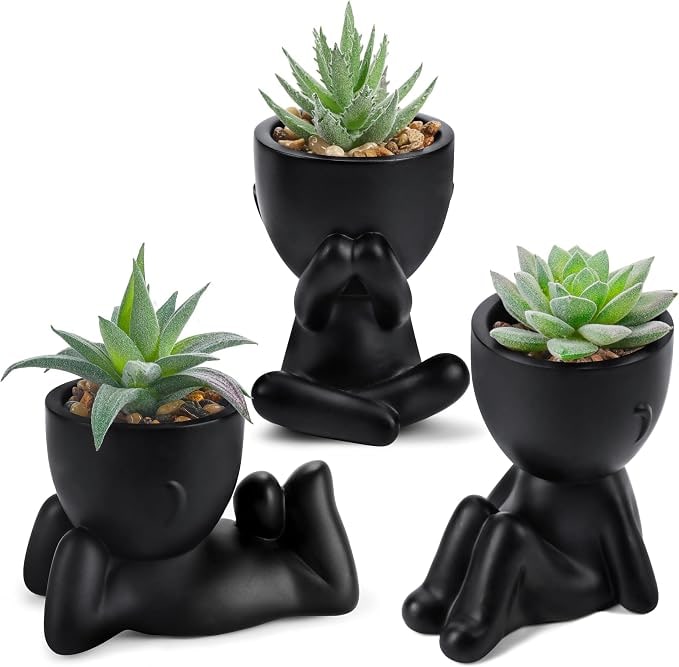 3-Piece Faux Succulent Set in Human-Shaped Pots - Black