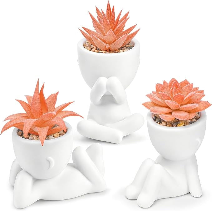 3-Piece Faux Succulent Set in Human-Shaped Pots - Orange
