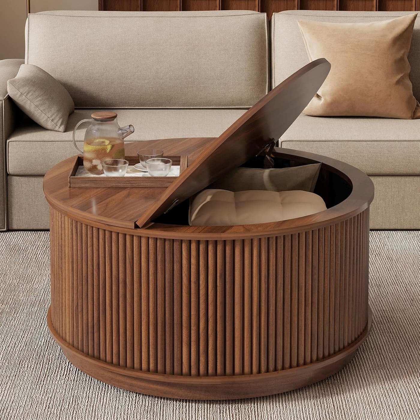 Fluted Oval Lift-Top Coffee Table with Storage - Round Walnut