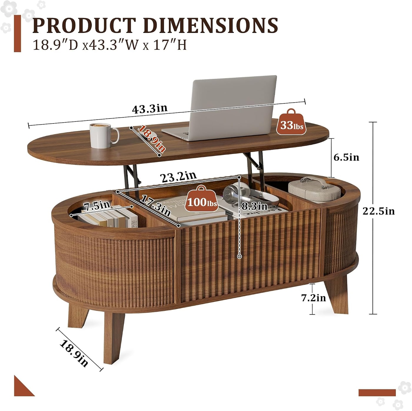 Fluted Oval Lift-Top Coffee Table with Storage - Photo 2