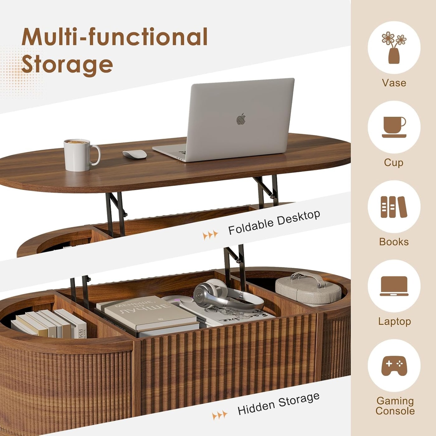 Fluted Oval Lift-Top Coffee Table with Storage - Photo 3