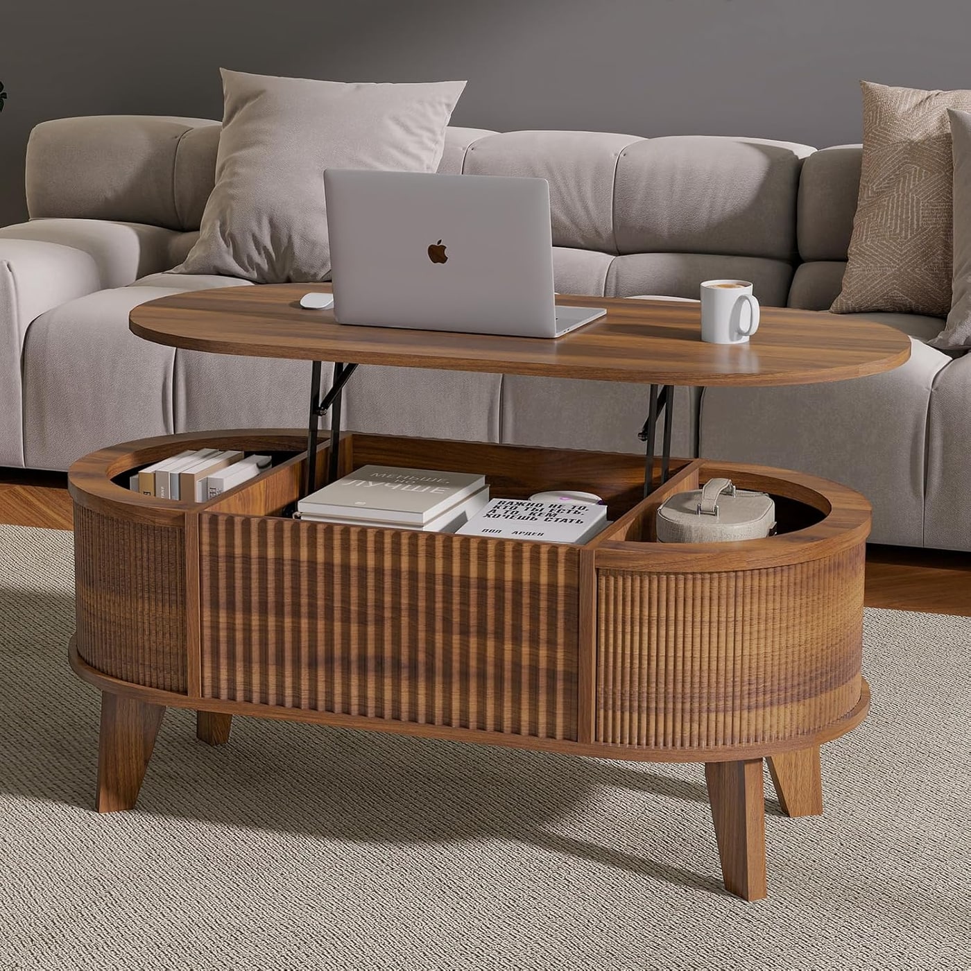 Fluted Oval Lift-Top Coffee Table with Storage - Walnut