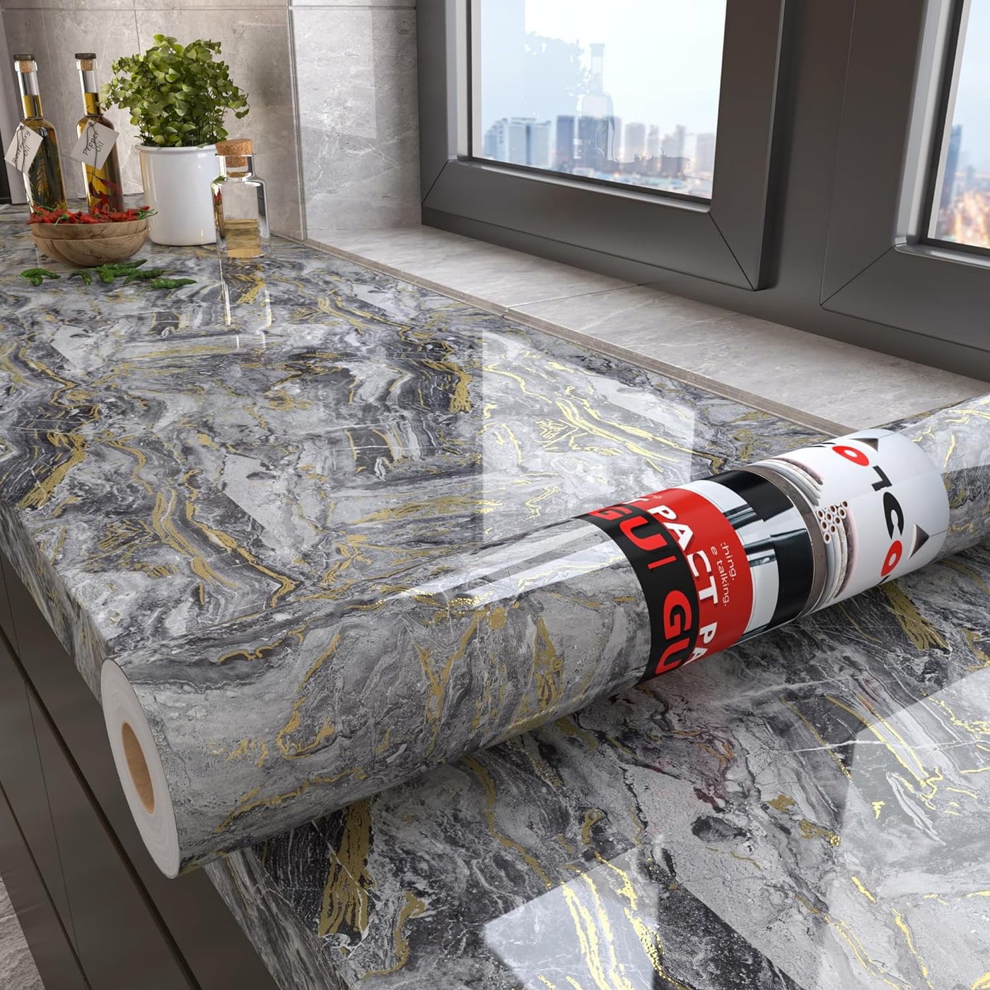Glossy Dark Grey Gold Marble Peel-and-Stick Contact Paper - Photo 3