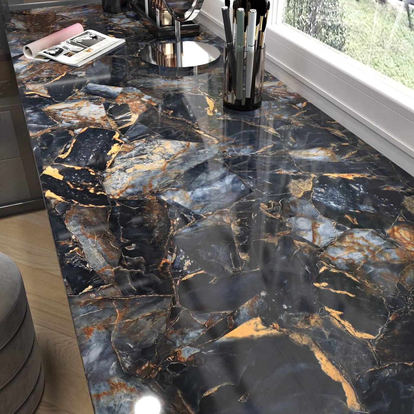 Glossy Dark Grey Gold Marble Peel-and-Stick Contact Paper