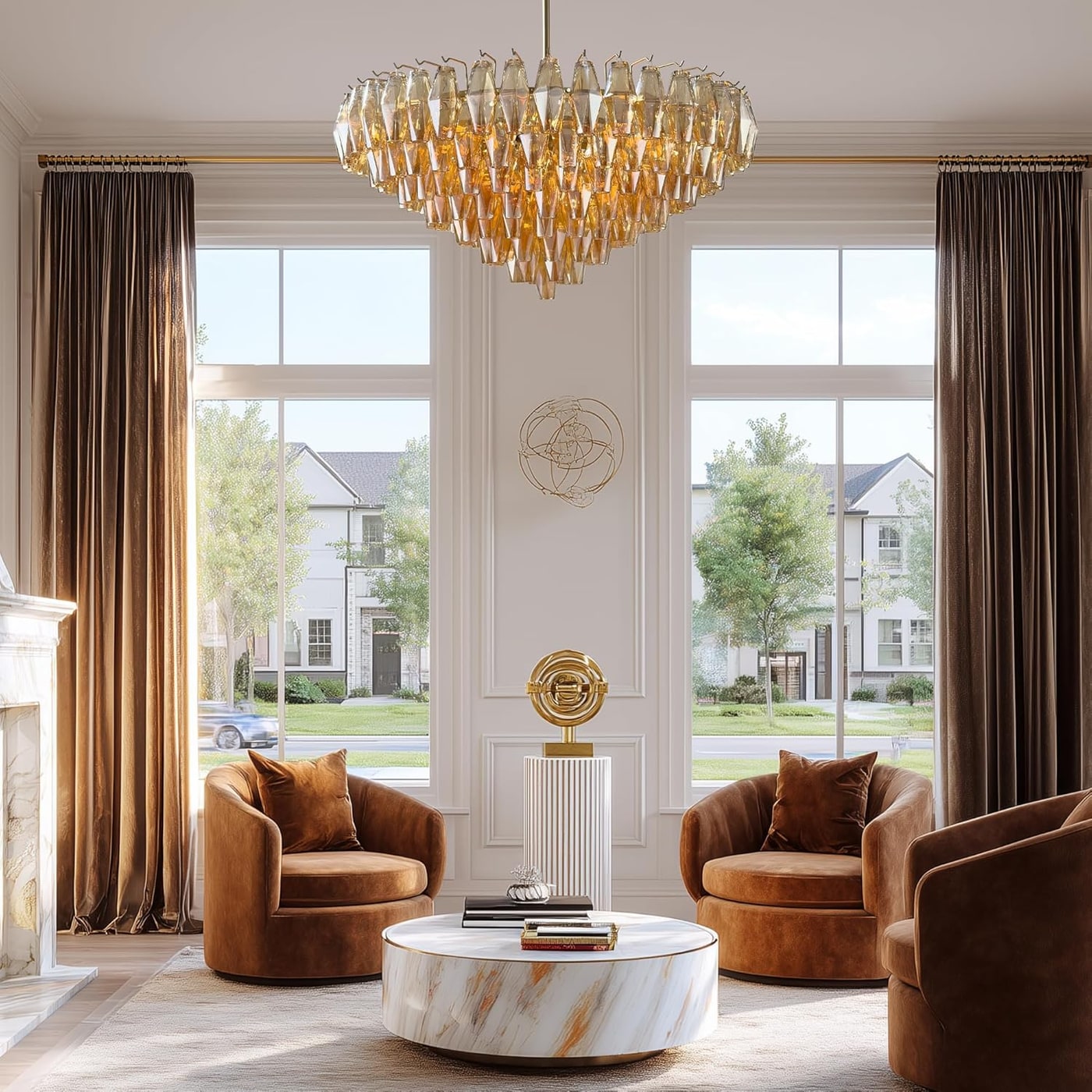 Extra Large Round Gold Chandelier with Faceted Glass Prisms - Photo 2