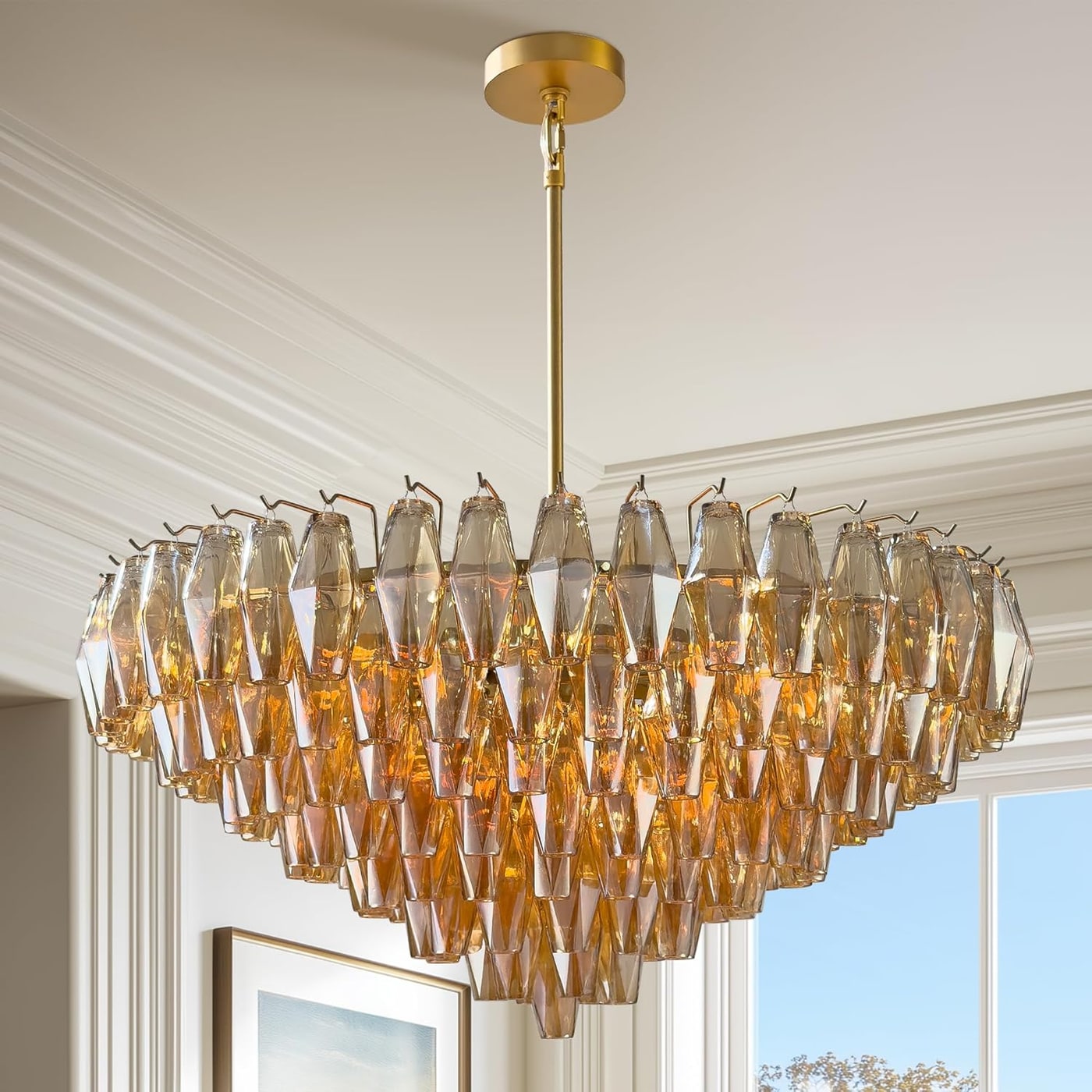 Extra Large Round Gold Chandelier with Faceted Glass Prisms