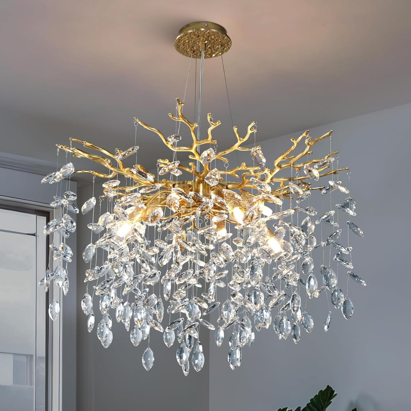 Round Gold Tree Branch Crystal Chandelier, 10-Light - Photo 3