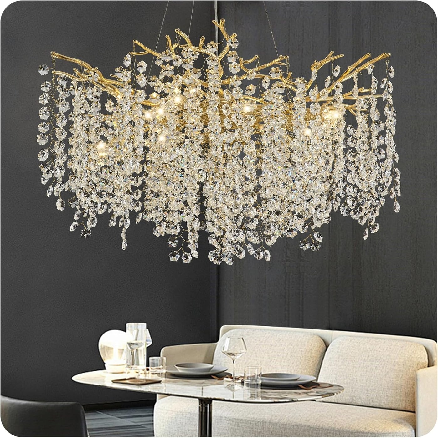 Round Gold Tree Branch Crystal Chandelier, 10-Light - Photo 4